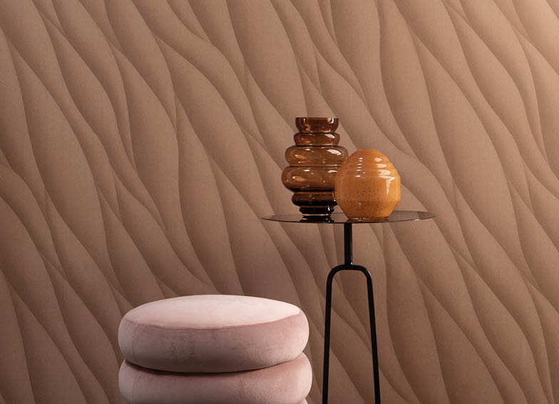 Tapeten an der Wand im Raum – Vliestapete mit 3D-Effekt in der Farbe Beige