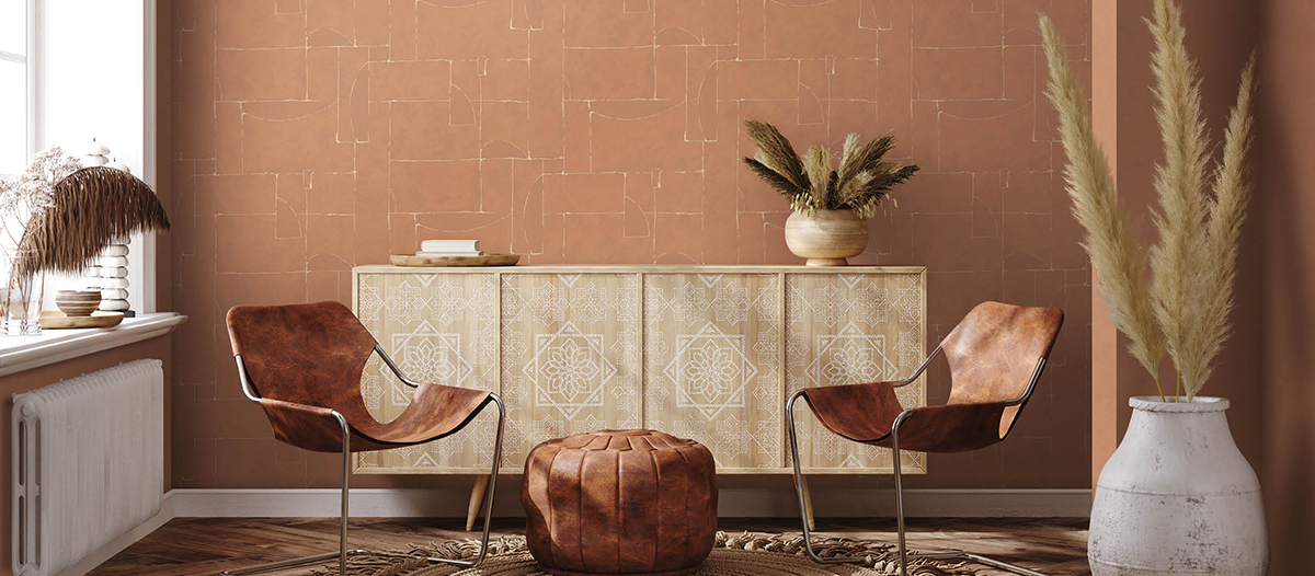 Tapeten-Trends: Wohnzimmer mit Tapete mit Ziegel-Optik an der Wand