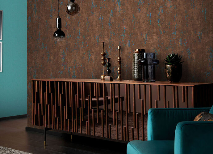 Tapeten-Kollektion „Fashion for Walls IV“ von Guido Maria Kretschmer: Tapete "Chroma" in bronze im Wohnbereich