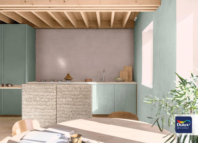 Rustikale Küche in der Farbe des Jahres 2024 und einer Trendfarbe mit dem Farbton grün