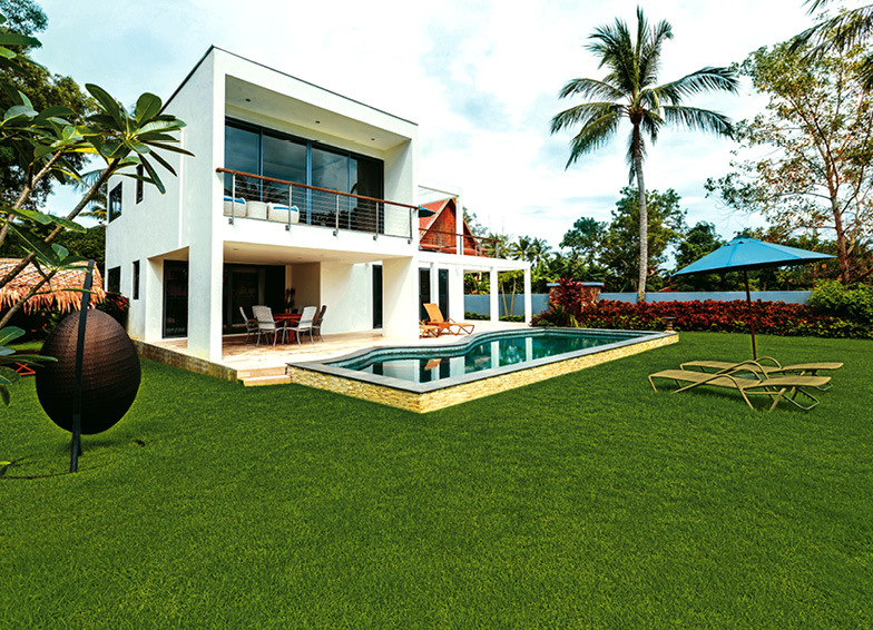 Außenbereich-Gestaltung im Garten mit Kunstrasen und Pool, was die ideale Kulisse für entspanntes Outdoor-Living bietet.