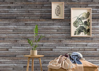 Mustertapeten mit Holz-Motiv im Wohnzimmer